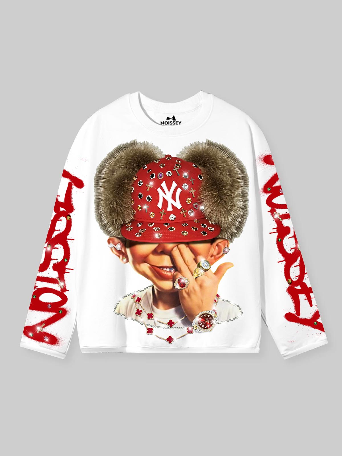 NOISSEY ICED OUT RED CAP FIGURE GRAPHIC LONG SLEEVE STREETWEAR SHIRT