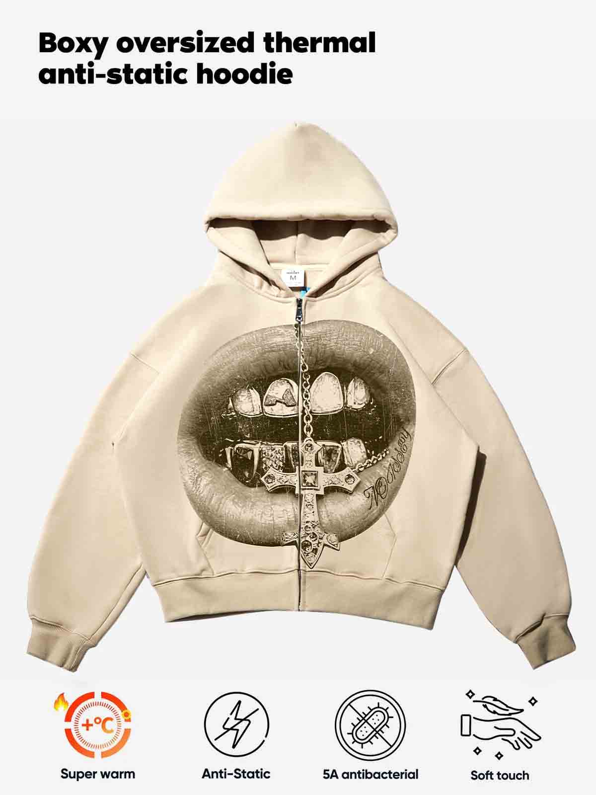 Retro Monochrome Cross Grillz Shell-colored Print Boxy Hoodie