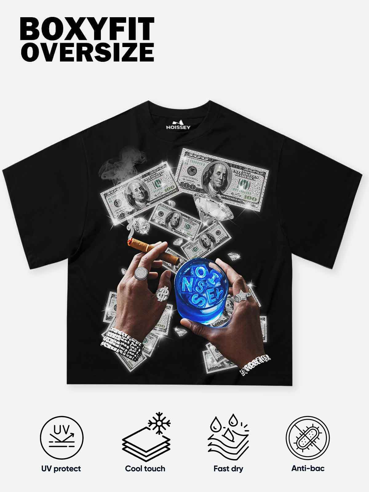 Boxy oversized T-shirt holding money and wine street print