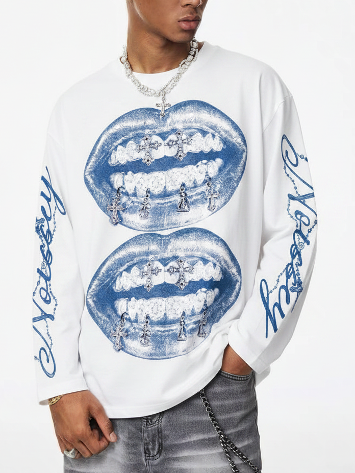 NOISSEY "Vintage Blue Lips" Double Lips & Chrome Cross Graphic Long Sleeve Tee