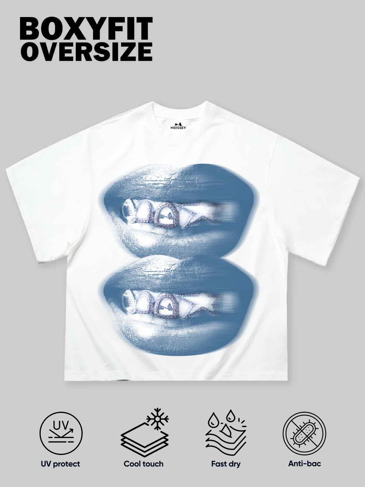 Boxy Oversized T-Shirt with Blue Illusory Noissey Grills Print