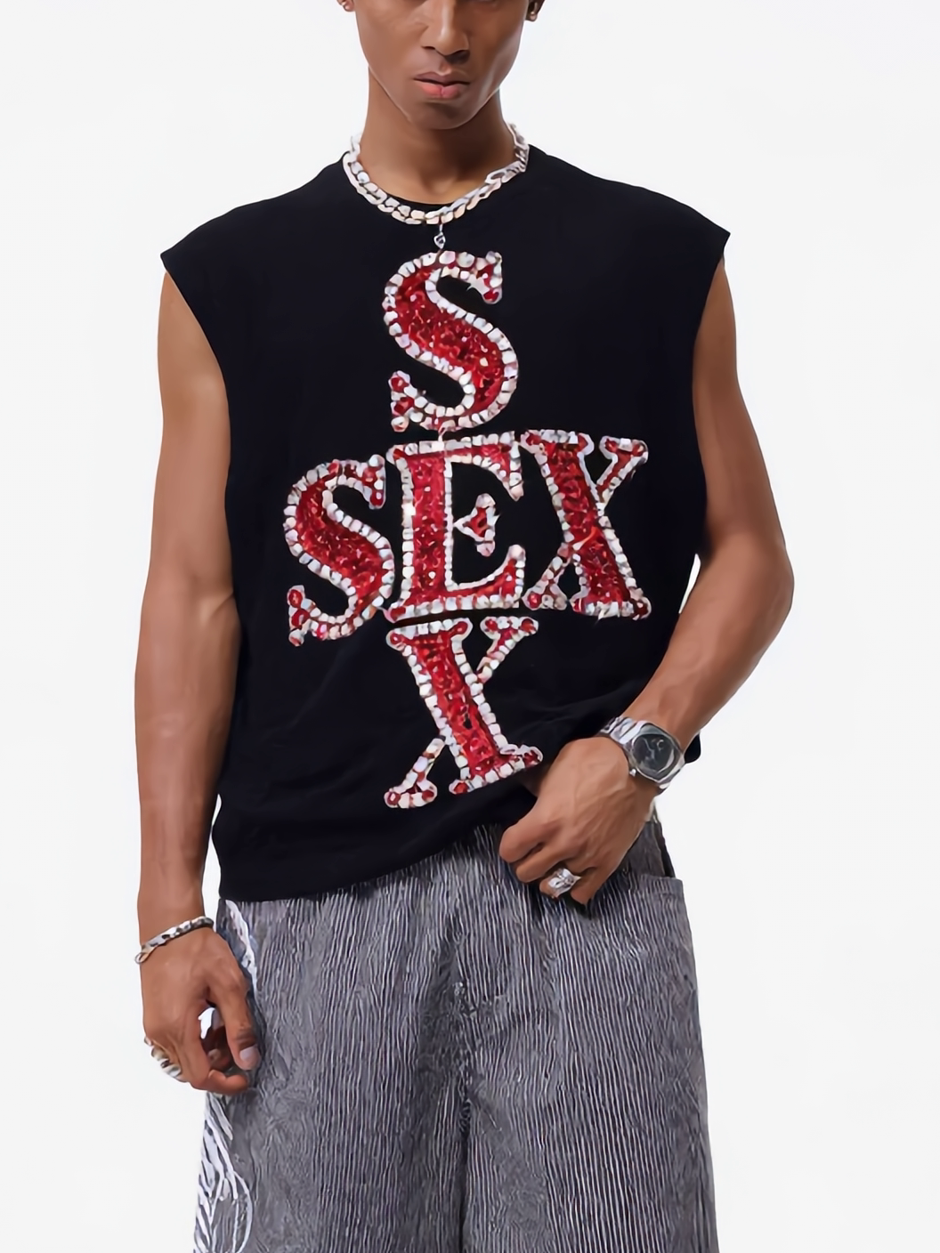 NOISSEY "SEX" Red Rhinestone Stacked Cross Graphic Loose Sleeveless Tank Top