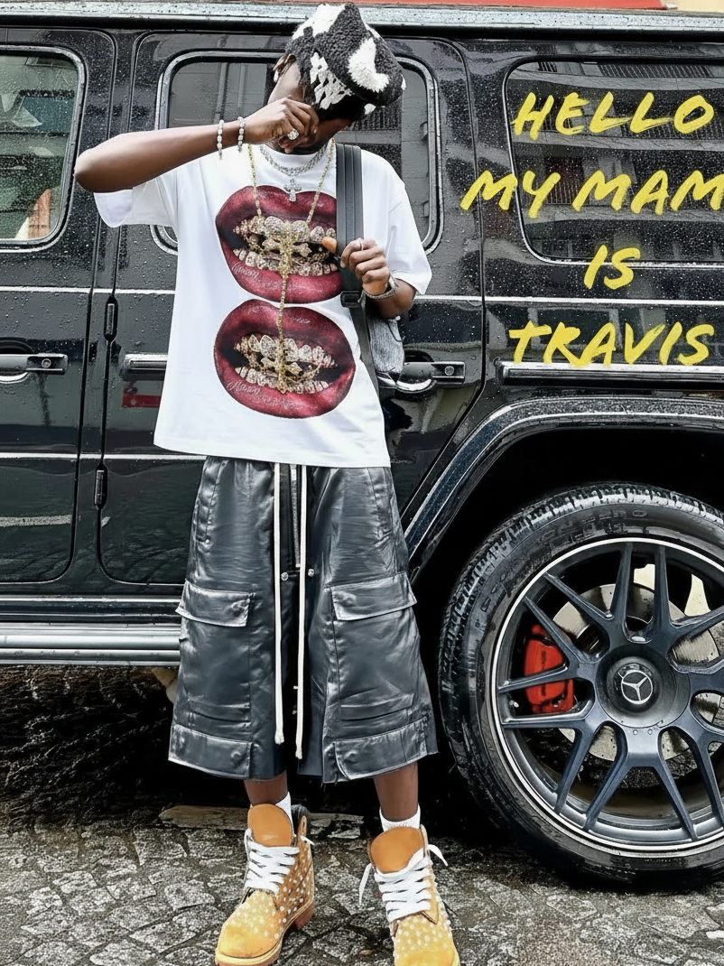 NOISSEY "Burgundy Lips" Golden Cross & Iced-Out Grillz Oversized Graphic Tee