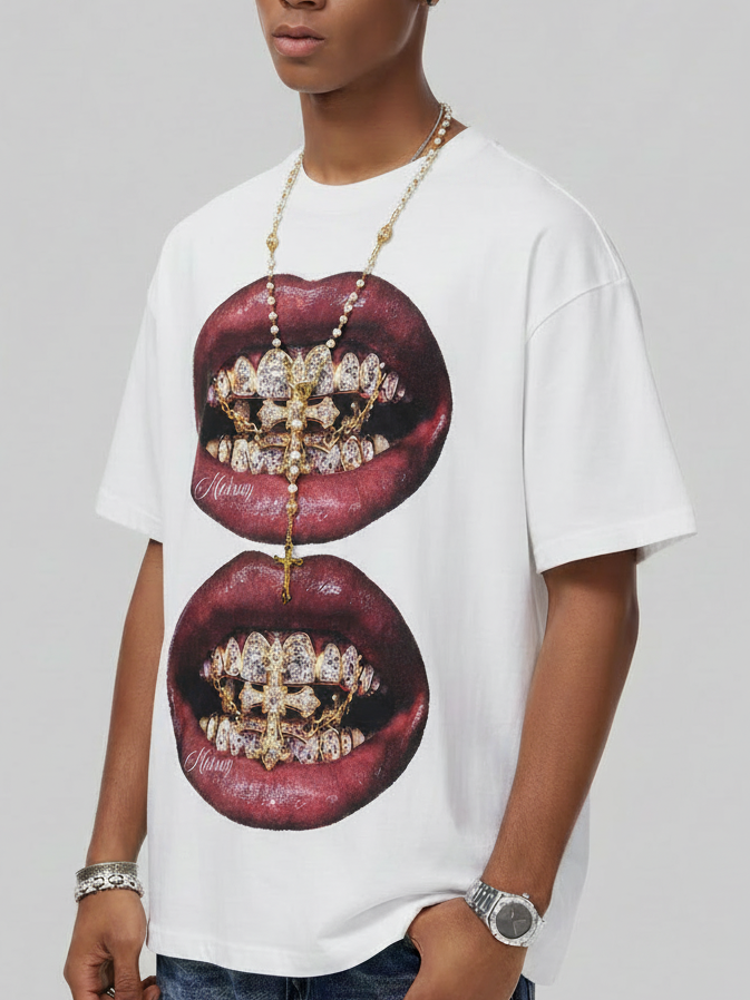 NOISSEY "Burgundy Lips" Golden Cross & Iced-Out Grillz Oversized Graphic Tee