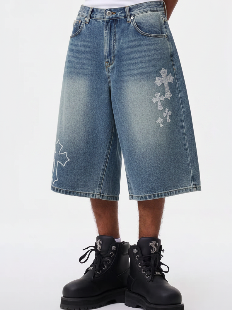NOISSEY "Gothic Cross" Rhinestone Bleach-Washed Denim Shorts - High-Street Wide-Leg 2 Colors
