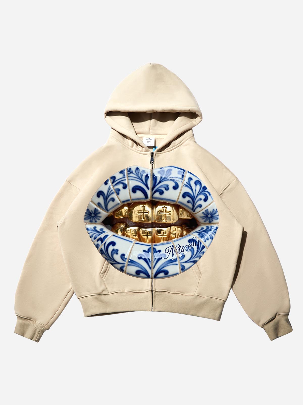 Blue Ceramic Gold Grillz Shell Print Hoodie