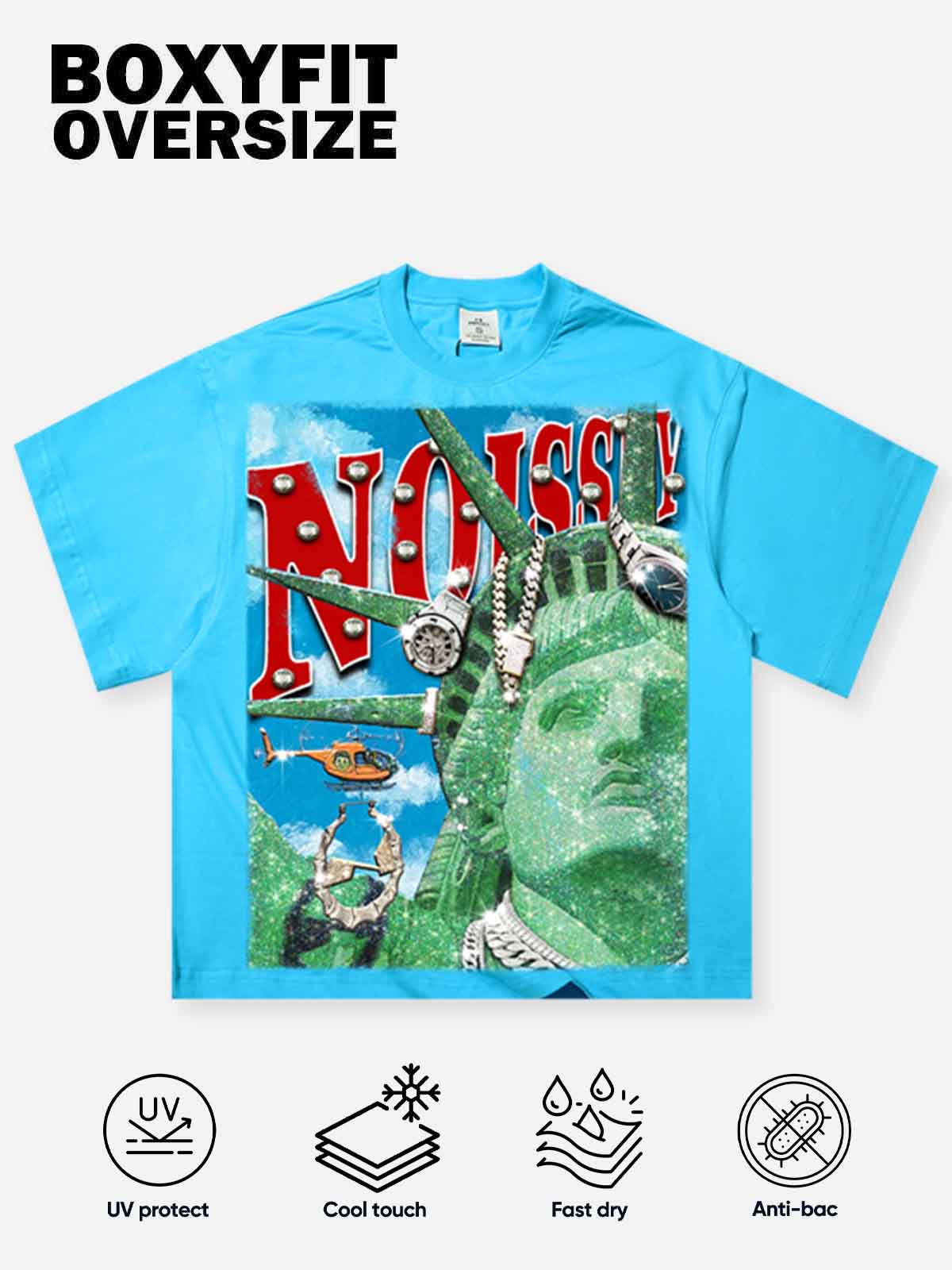 Boxy Oversized Blue T-shirt with Sparkling Statue of Liberty Print