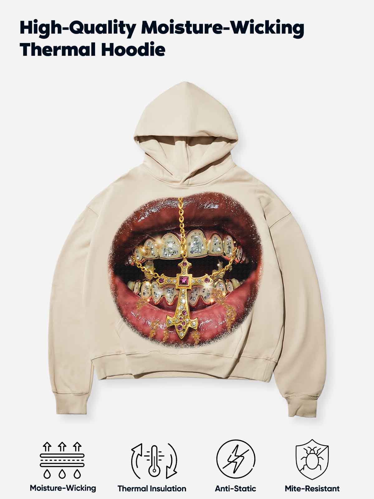 Golden Cross Diamond Patch Grills Print Sweat-Wicking Tech Fabric Hoodie