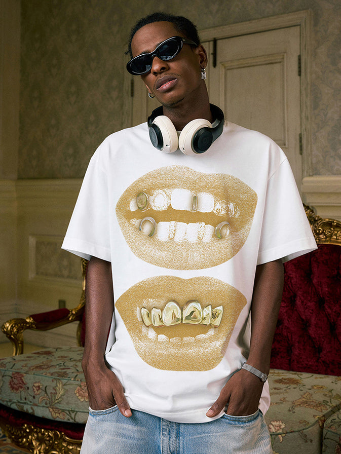BOUNCE BACK© Retro Gold Lips Grills Print Tee