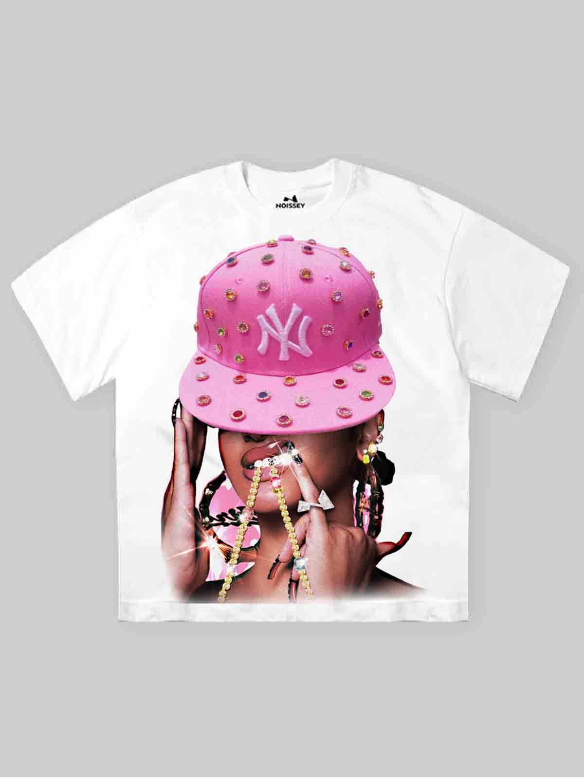 NOISSEY "Pink Diamond-Hat Girl" Character Tee - Clean White 255G Heavyweight Boxy Oversized Fit