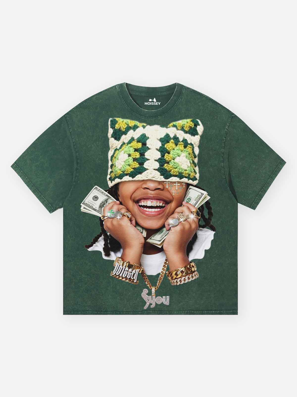 Kids' Cat-Ear Knitted Hat Green Washed Print T-shirt