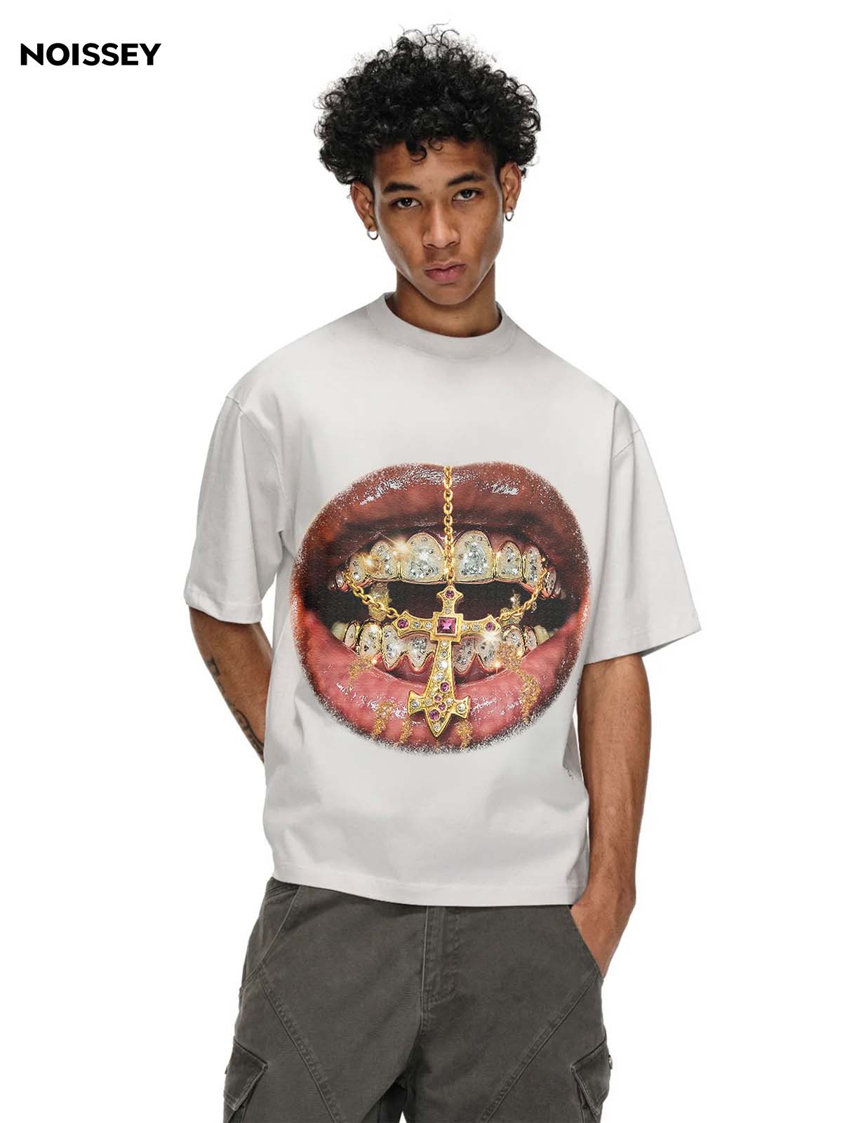 High-Quality Golden Cross Diamond Patch Grills Print heavyweight T-shirt