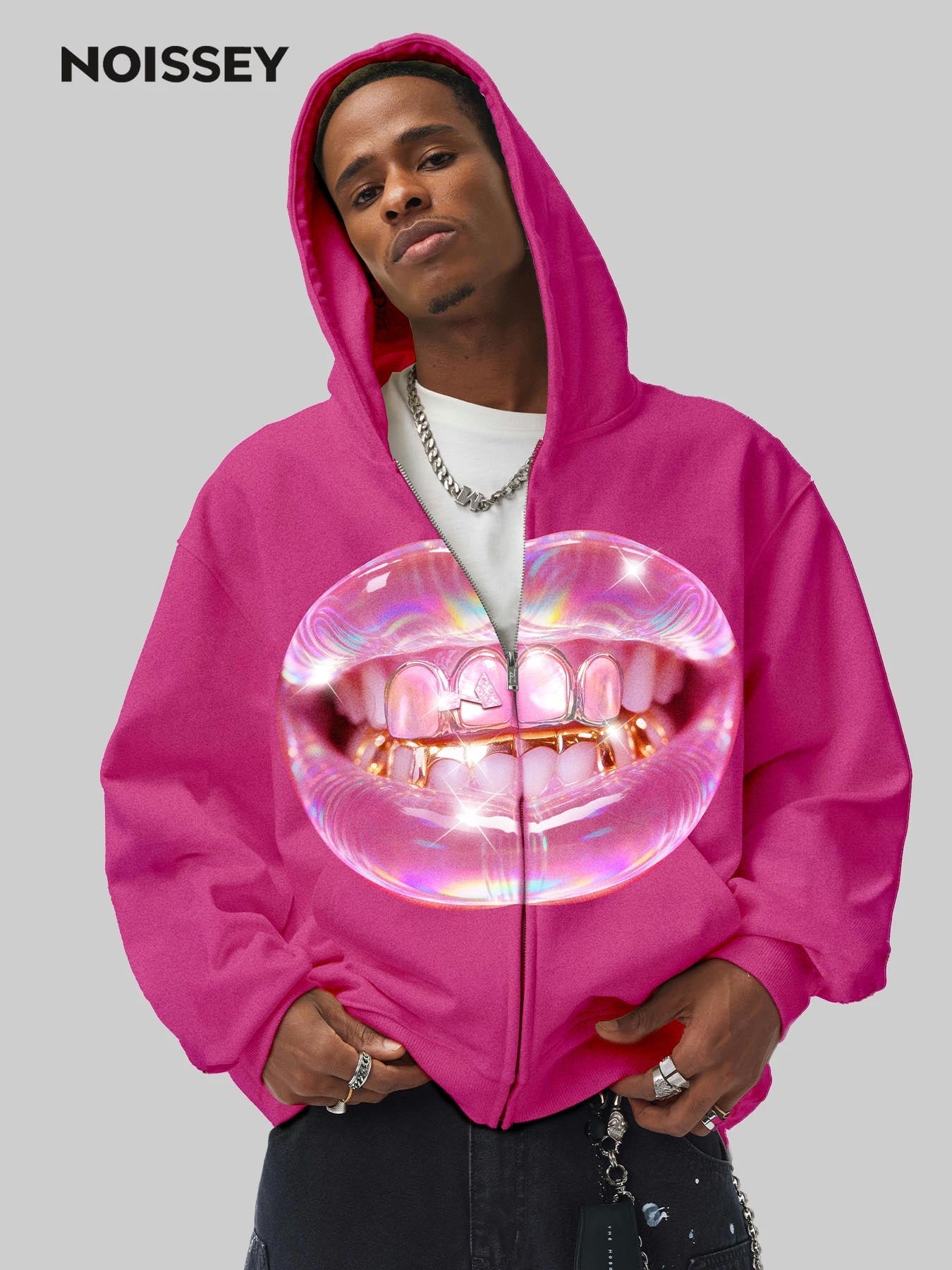 Transparent jelly cat's eye Grillz print pink warm hoodie
