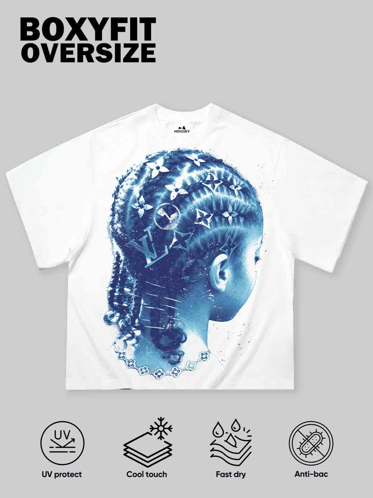 Blue Sun Print Retro Girl Braids Art Print Boxy Oversized T-shirt