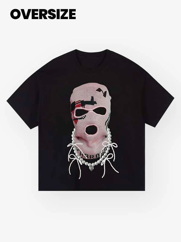 Noissey Black Pullover Mask with Pearl Bow Tie Print T-shirt