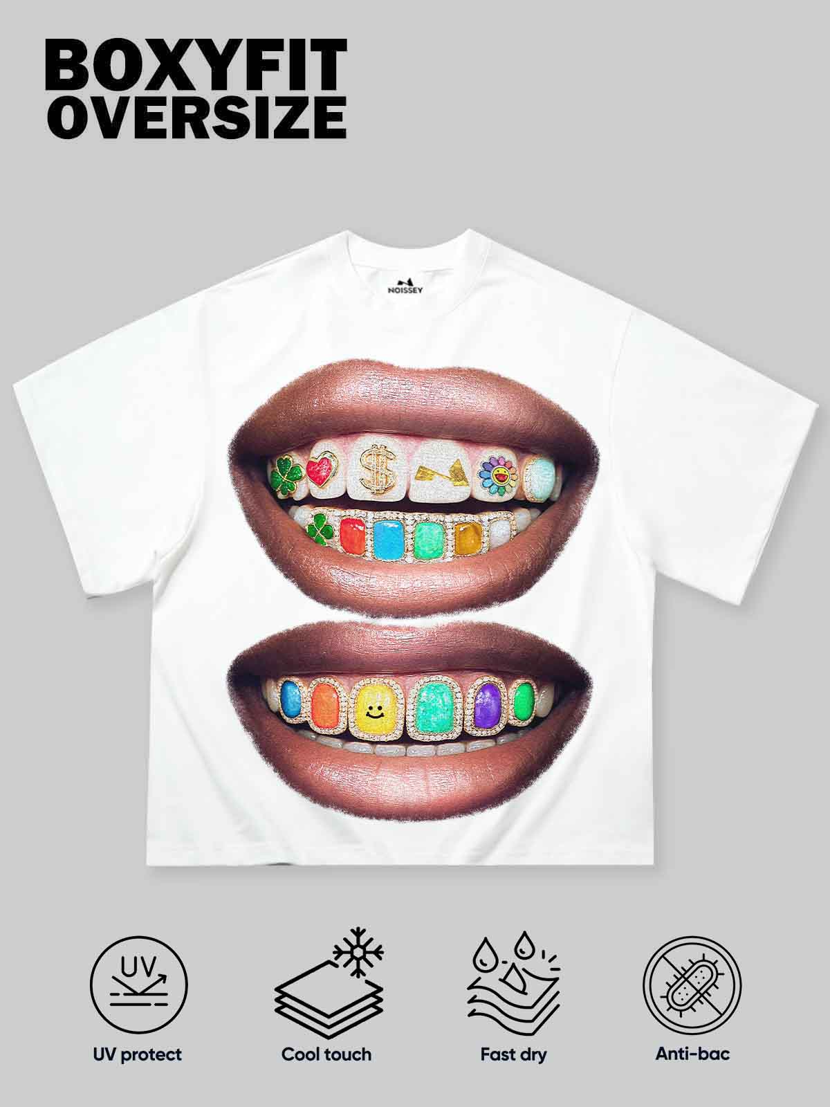 Iridescent Gem Grills Lip Print Boxy oversized T-shirt