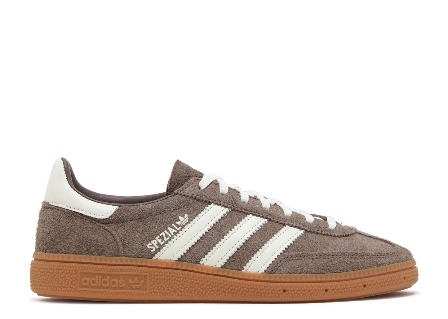 The Adidas Handball Spezial Earth Strata Gum W (brown suede, white stripes and laces, tan rubber sole) is shown on a plain white background.
