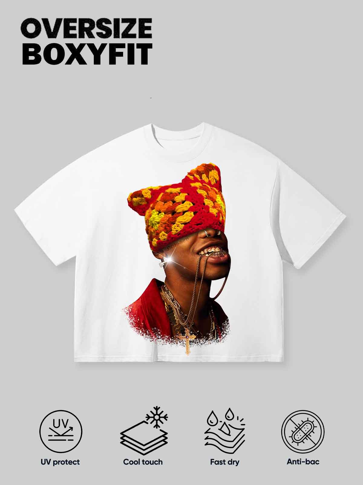 Boxy oversized T-shirt Red Flame Crochet Hat Printed T-Shirt