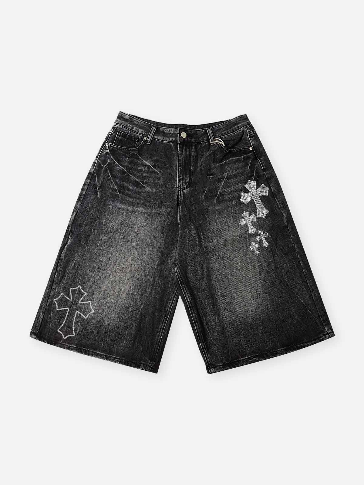 NOISSEY "Gothic Cross" Rhinestone Bleach-Washed Denim Shorts - High-Street Wide-Leg 2 Colors