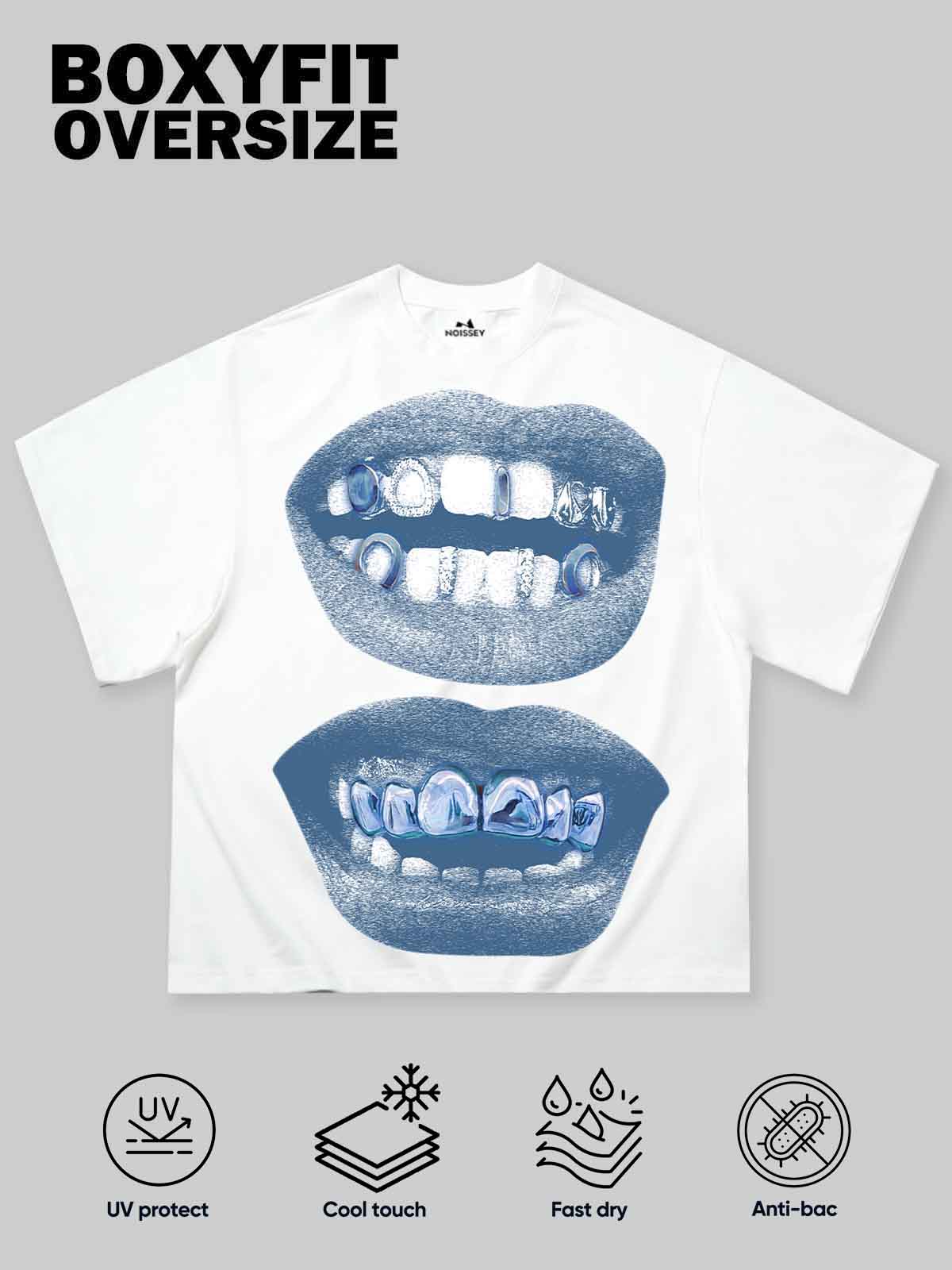 Boxy oversized T-shirt Retro Blue Lips Grills Print