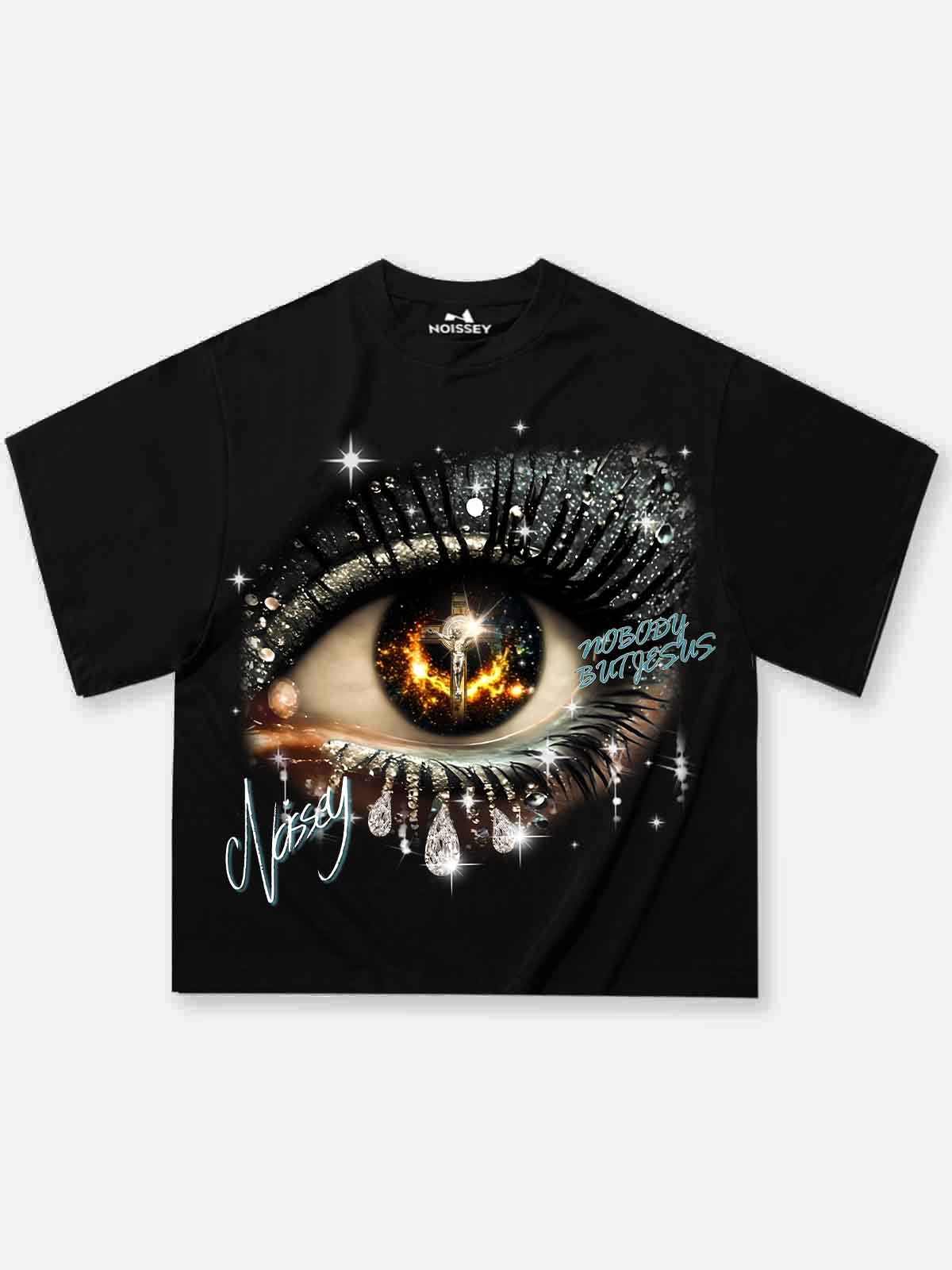 Boxy oversized T-shirt Jesus in the Vast Starry Sky with Sparkling Diamonds Print