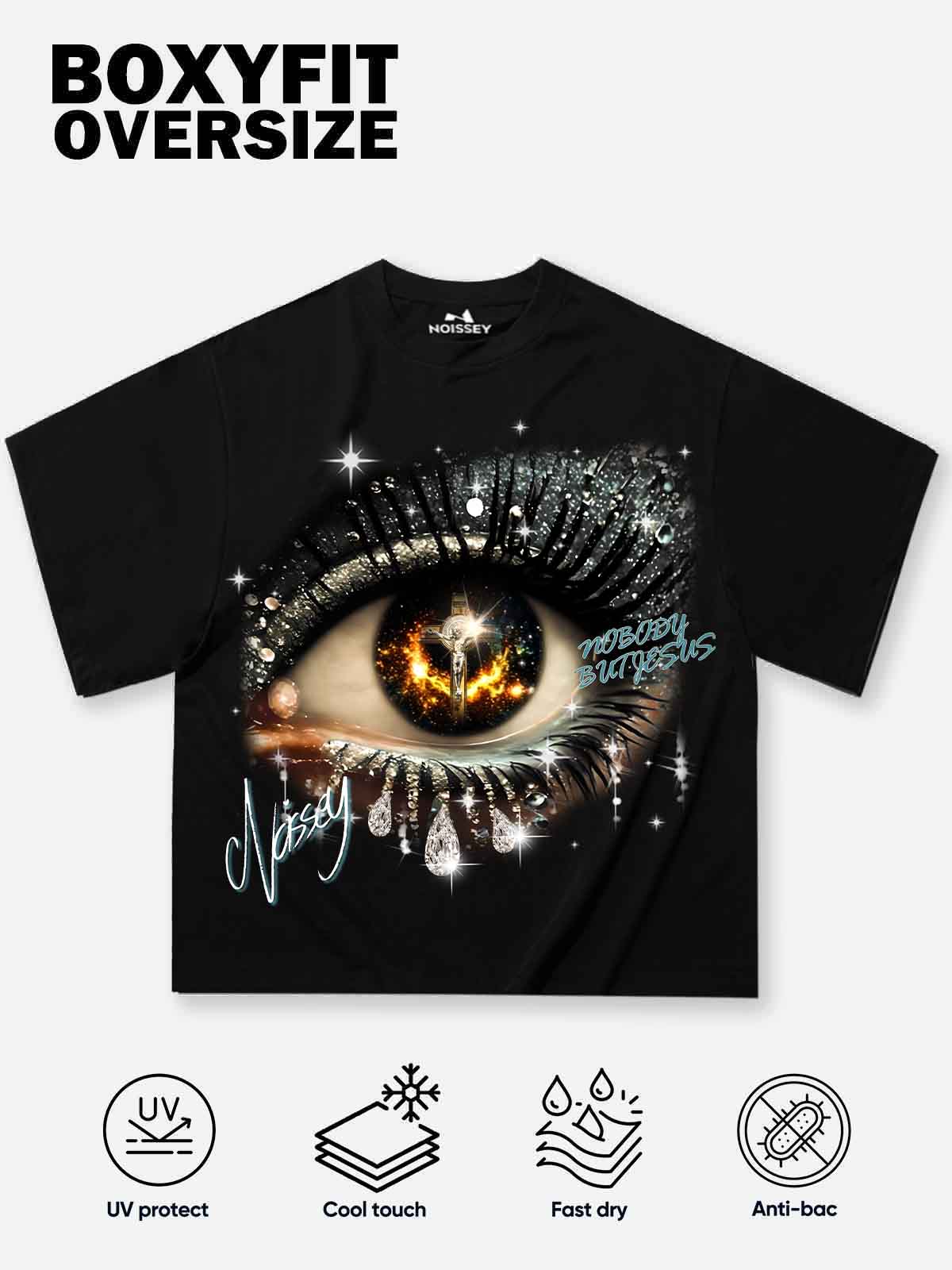 Boxy oversized T-shirt Jesus in the Vast Starry Sky with Sparkling Diamonds Print