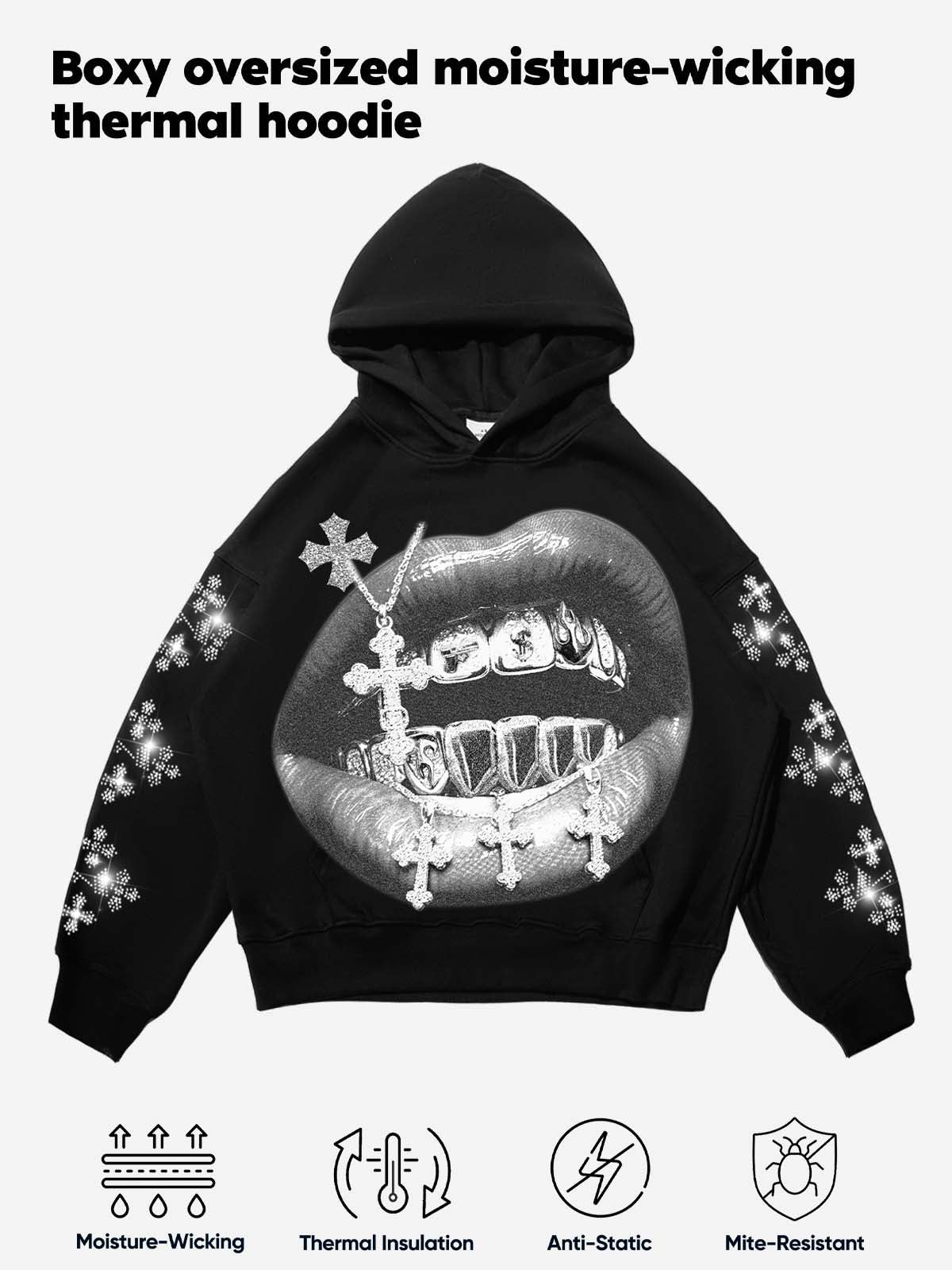 Cross Vintage Grills Black Sleeve Hot-Drill Print Hoodie