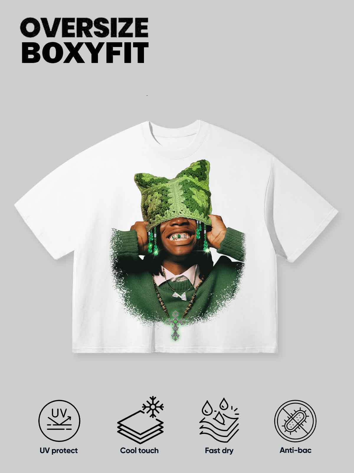 Boxy oversized T-shirt Avocado Green Cat Ear Crochet Hat Printed