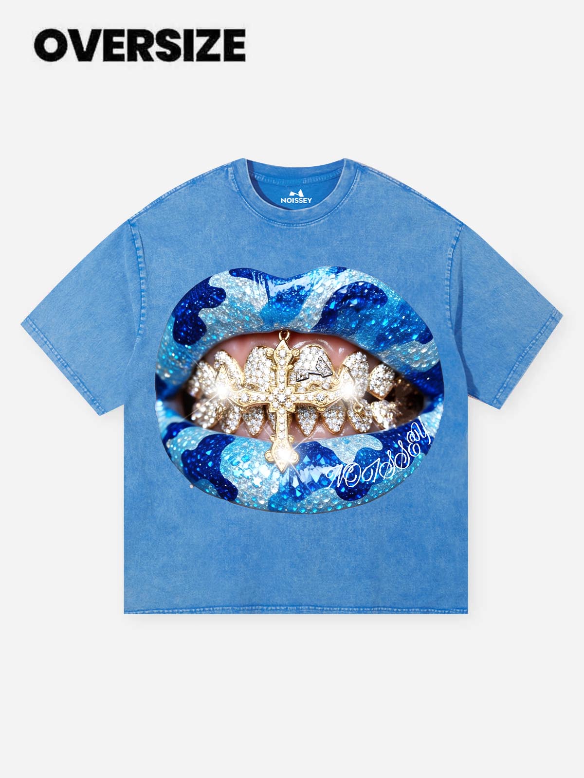 Noissey "Icy Blue" Grillz Graphic Tee – Wash Oversized T-Shirt with Diamond Camo Print