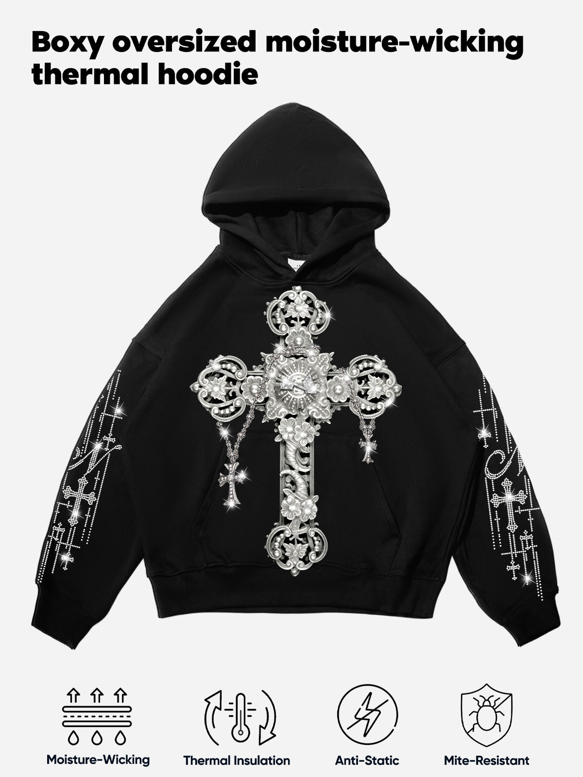 Silver Metal Diamond Cross Tech Fabric Hoodie