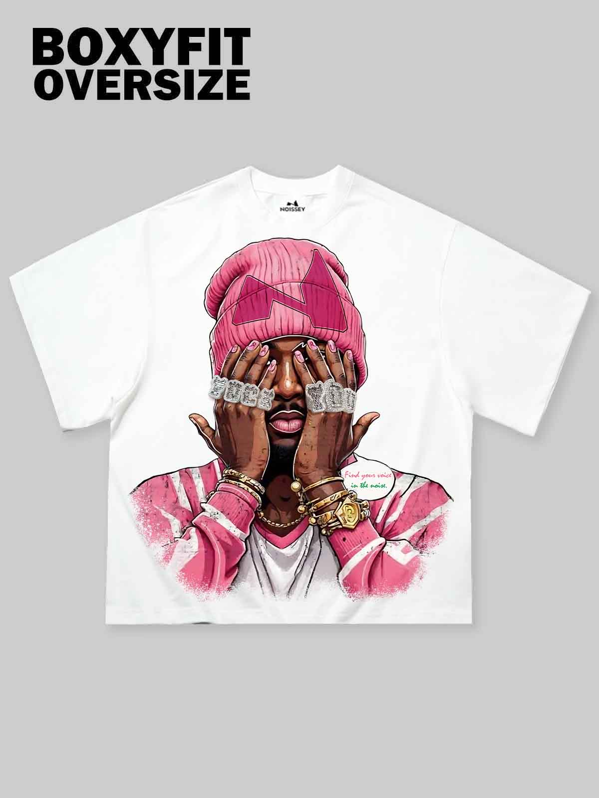 Boxy Oversized T-shirt with Noissey Logo and Pink Beanie Comic Print