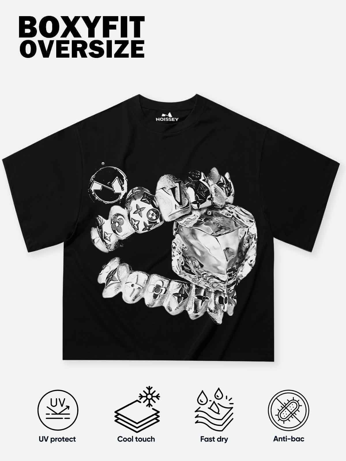 Boxy oversized T-shirt Liquid Metal Teeth and Ice Cube Art Print