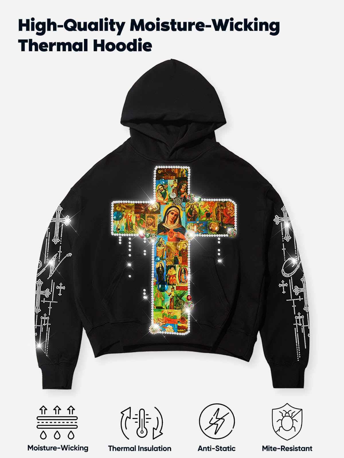 Diamond-Embellished Religious Cross Tech Fabric Hoodie