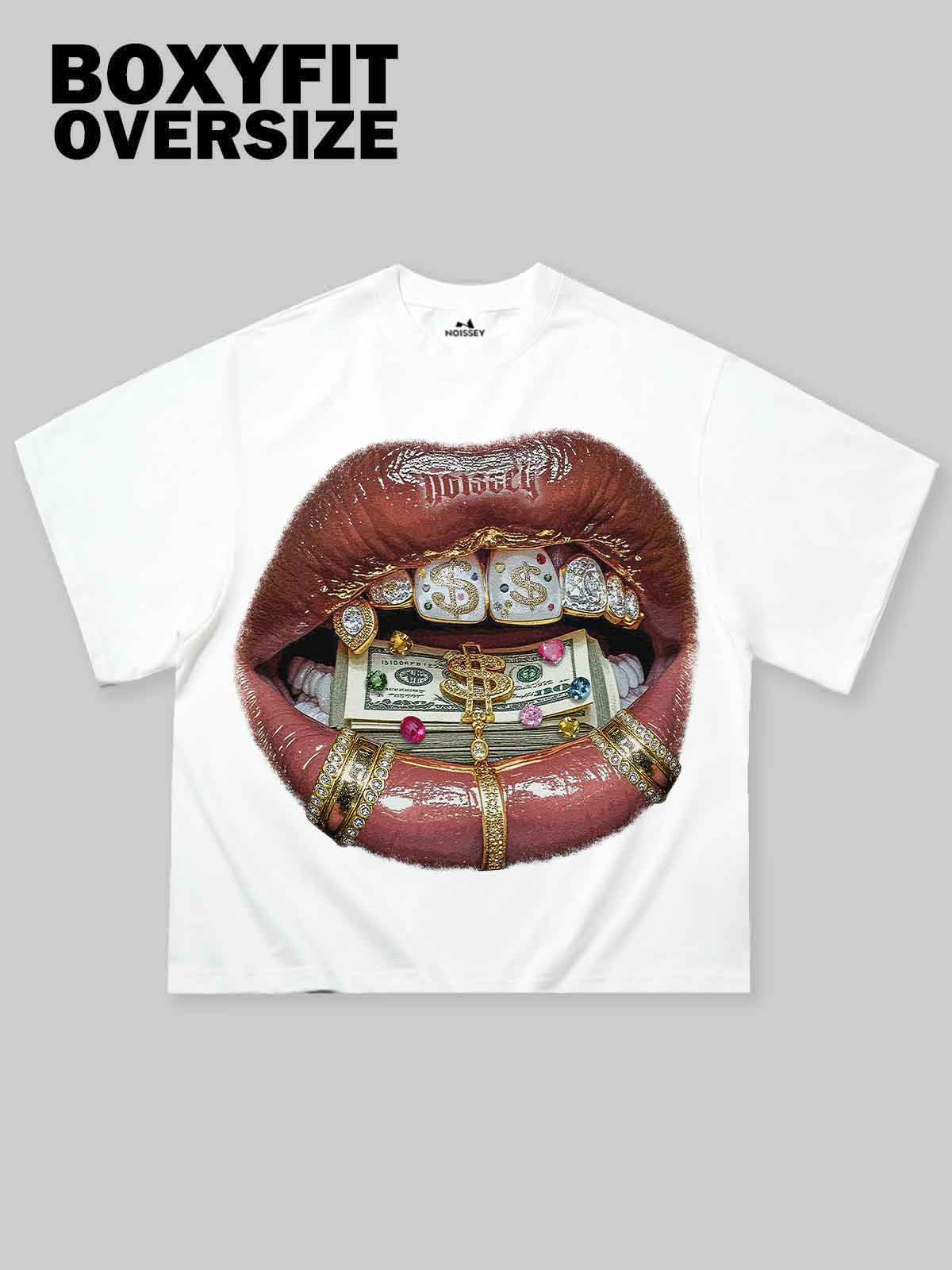 Boxy Oversized T-Shirt with Money-Embedded Lips Print