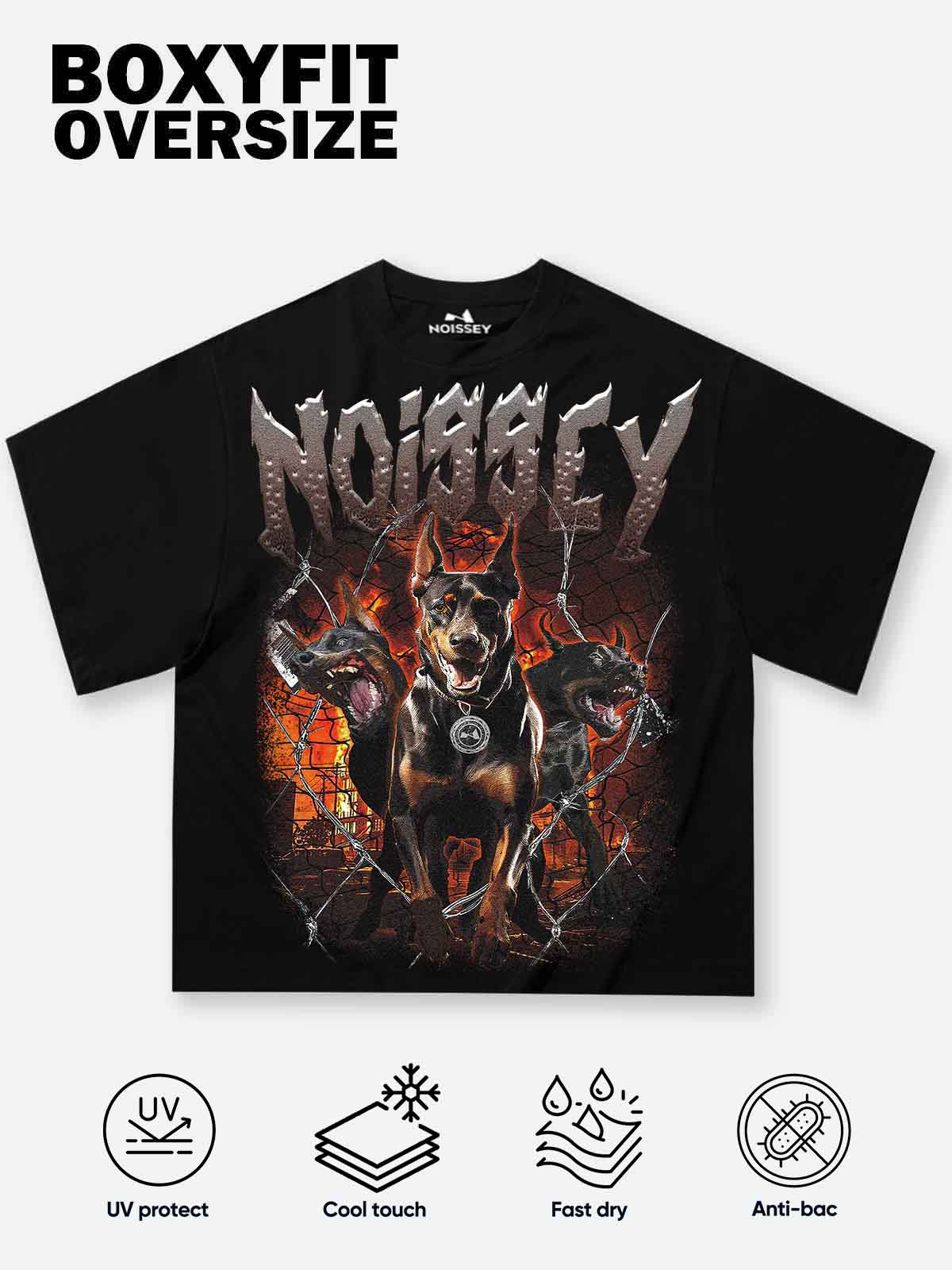 Boxy Oversized T-shirt "Three-Headed Doberman Breaking Through Barbed Wire"