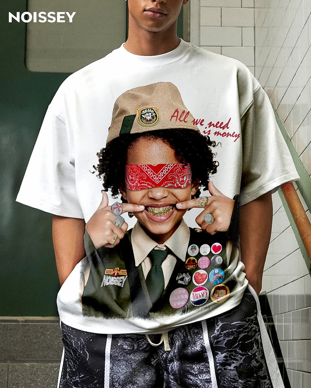 Boxy Oversized T-shirt with Scout Girl Print and DIY Badge