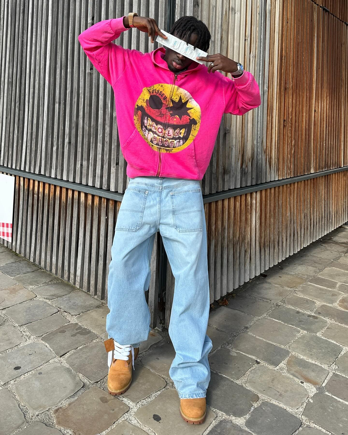 Gangster Smiley Pink Wash Print Zip-Up Hoodie