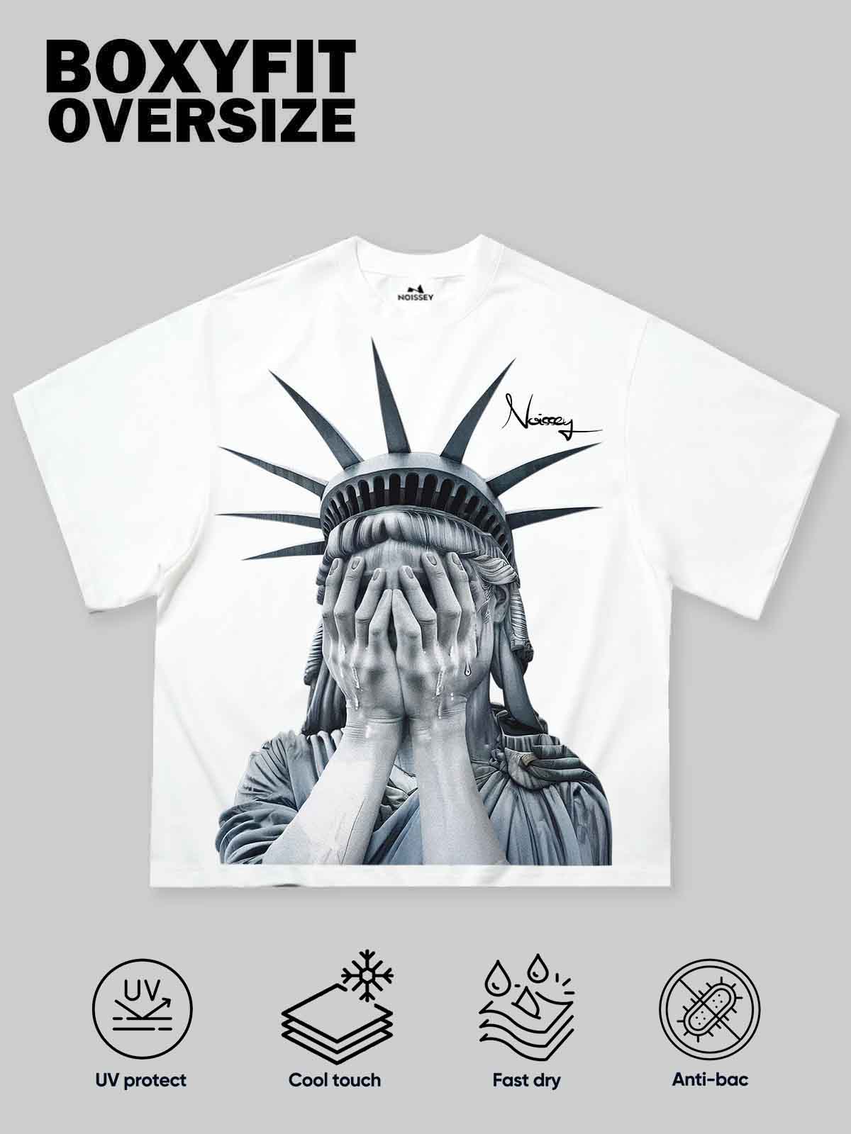 Boxy Oversized T-shirt with Weeping Statue of Liberty Print
