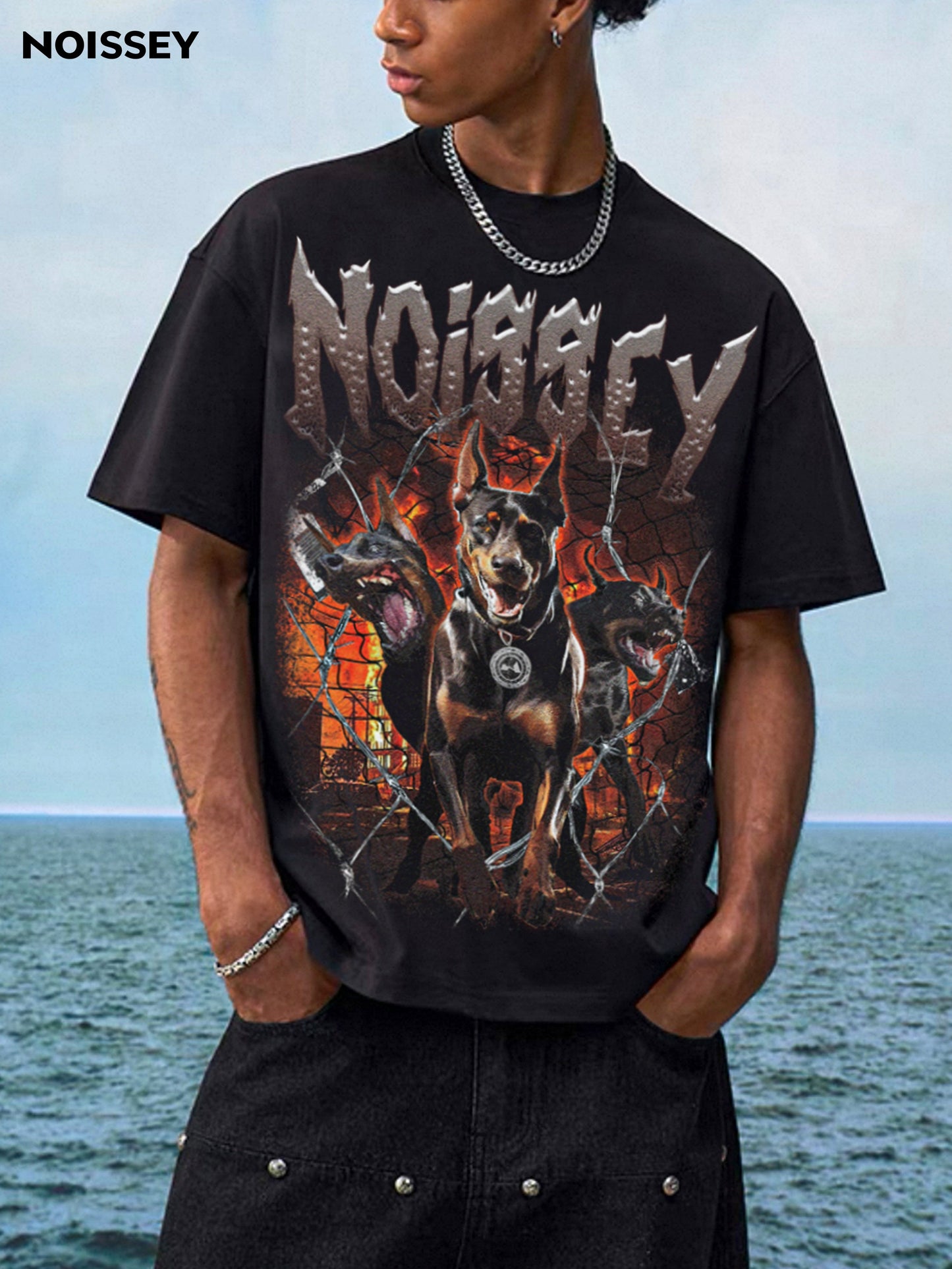 Boxy Oversized T-shirt "Three-Headed Doberman Breaking Through Barbed Wire"