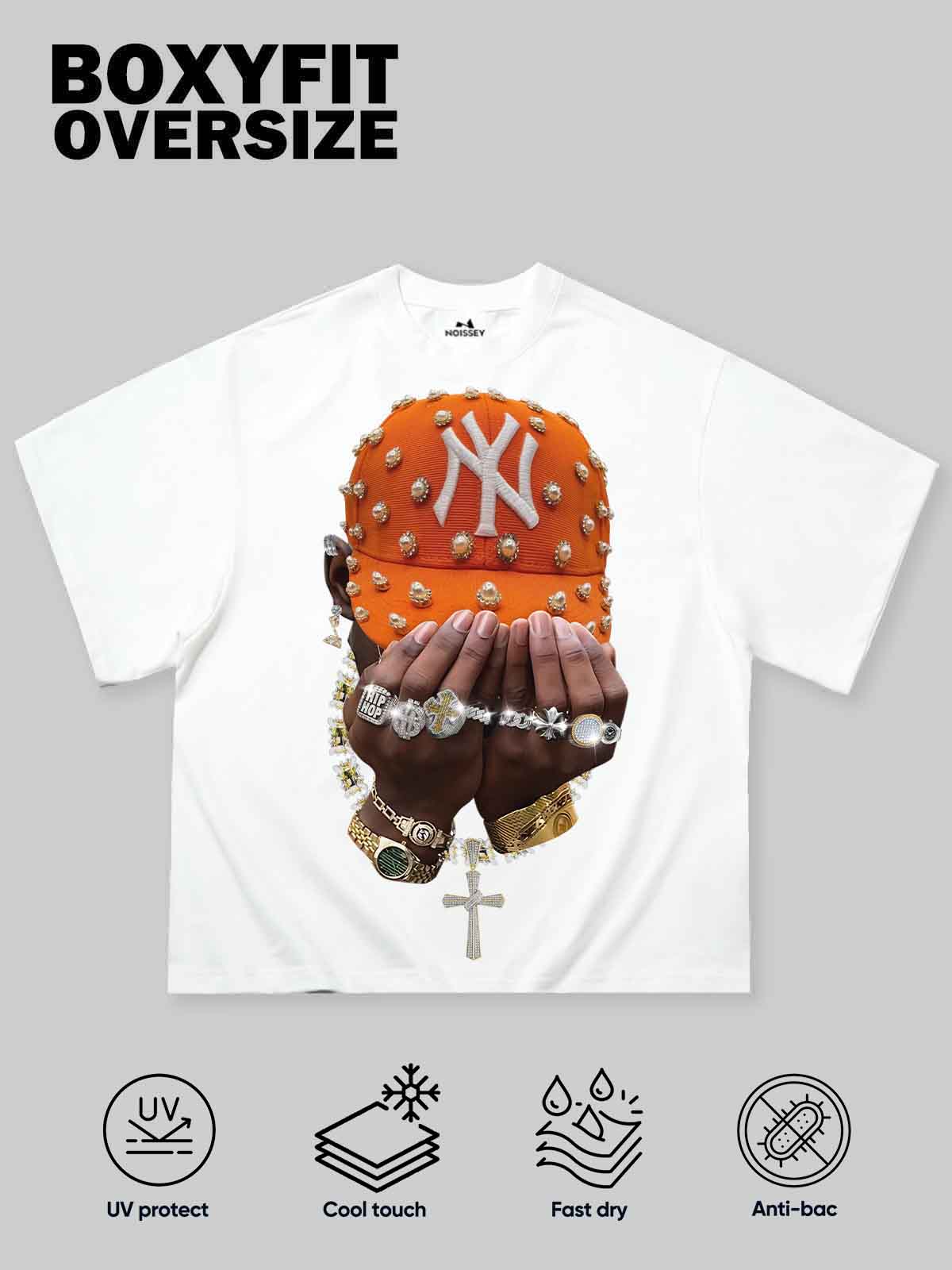 Boxy Oversized T-Shirt with Orange Pearl Cap & Jewelry Print