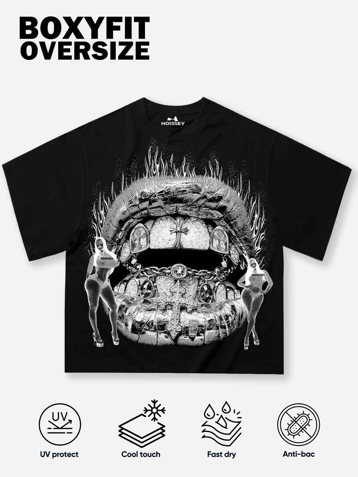Boxy oversized T-shirt with Black-and-White Negative Burning Lips Print