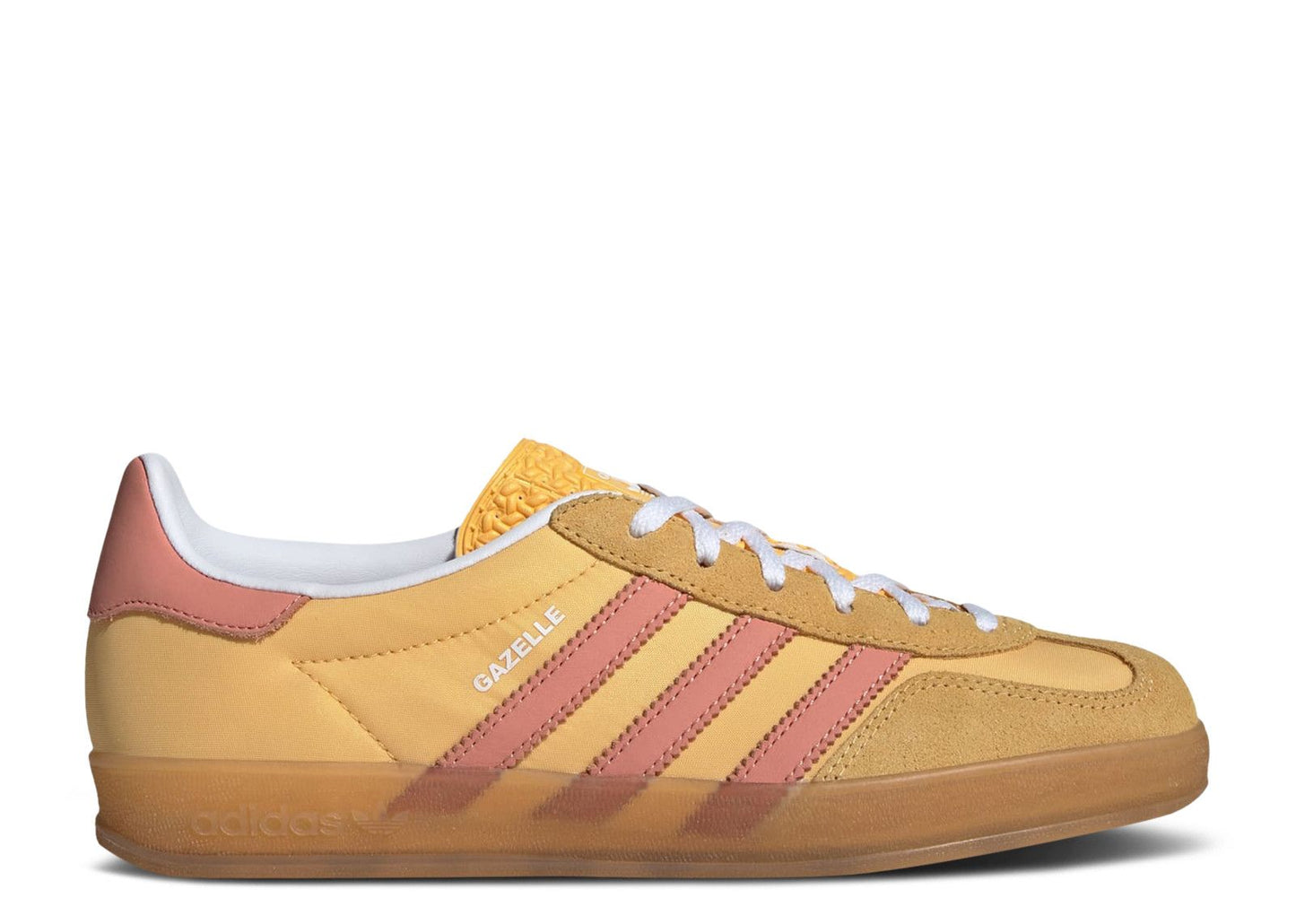 The Adidas Gazelle Indoor Semi Spark Clay W features tan and light brown suede, pink stripes and heel tab, white laces, and a gum sole, displayed in a side profile against a white background.
