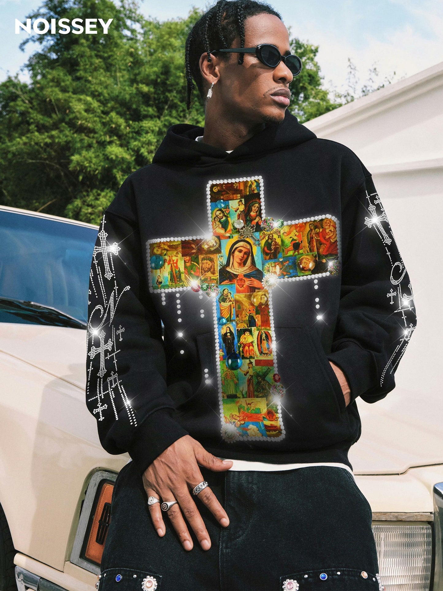 Diamond-Embellished Religious Cross Tech Fabric Hoodie