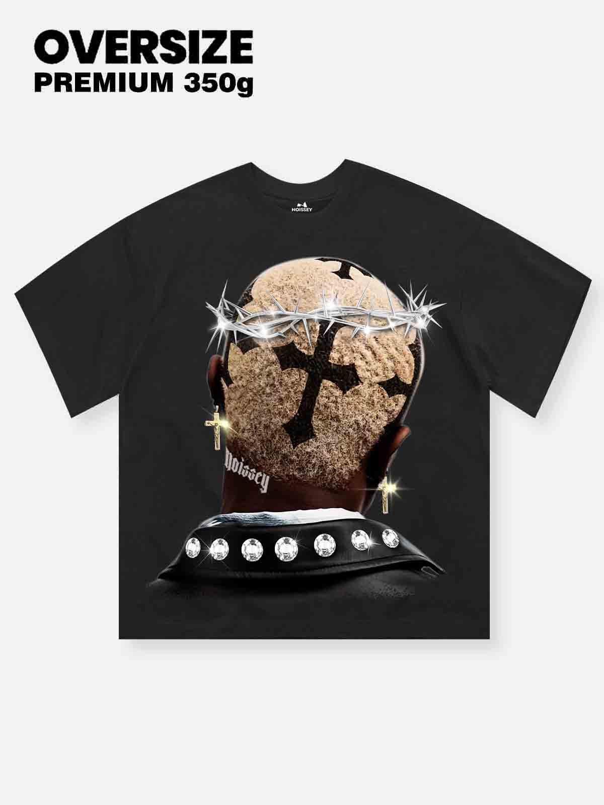 High quality Cross Hairstyle and Diamond Thorn Crown Print 350g T-shirt