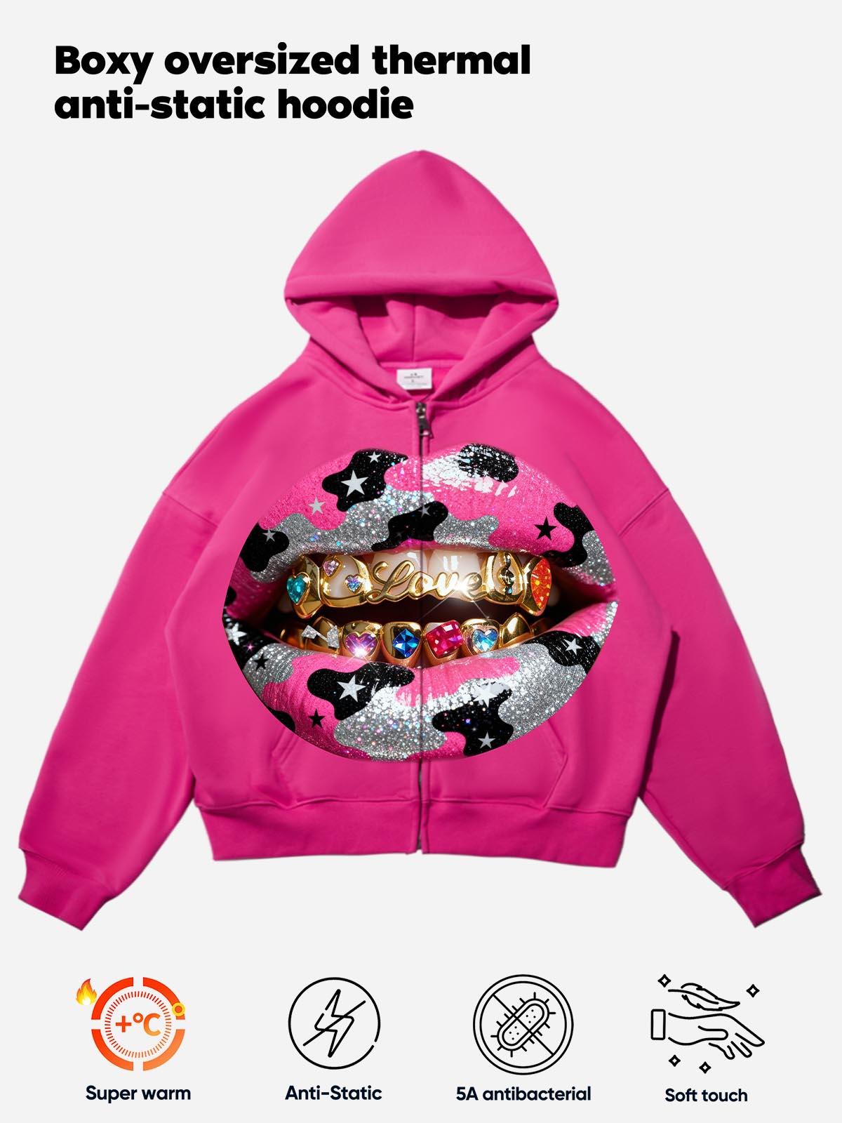 Y2K Dopamine Color Camouflage Grillz Pink Warm Boxy Hoodie