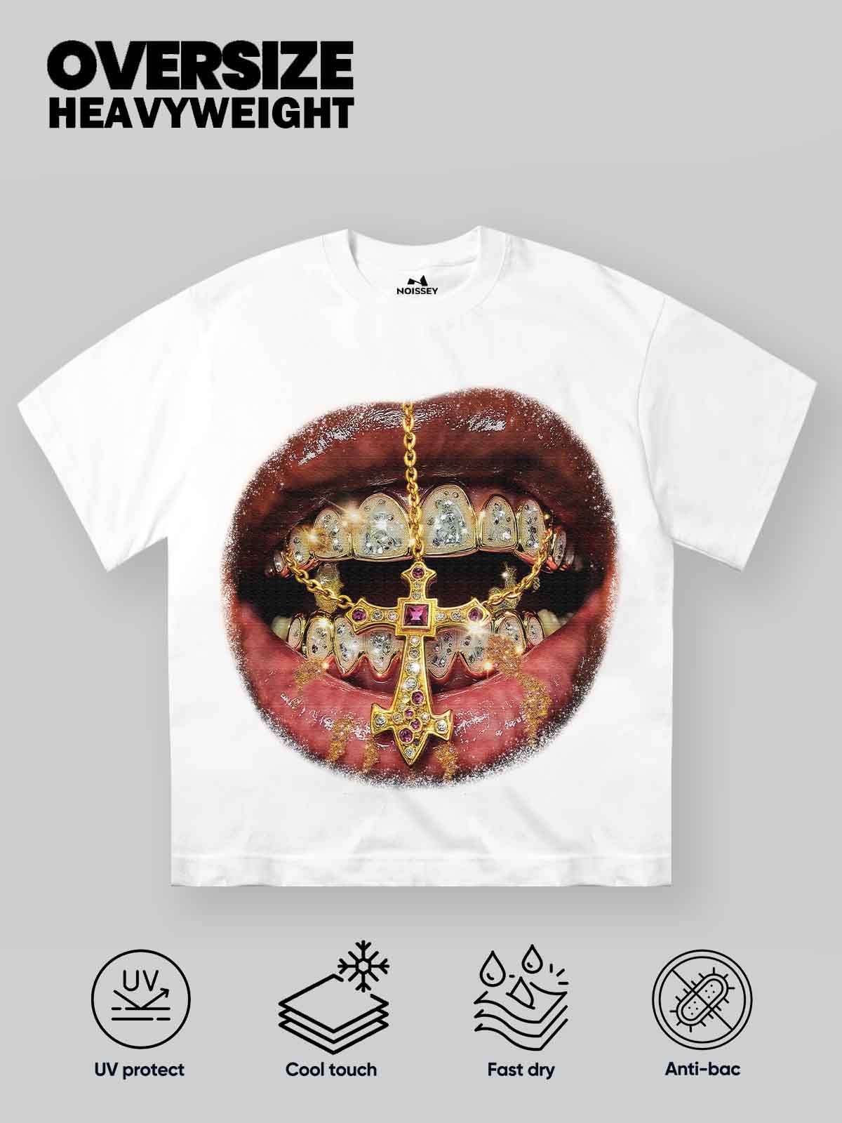 High-Quality Golden Cross Diamond Patch Grills Print heavyweight T-shirt