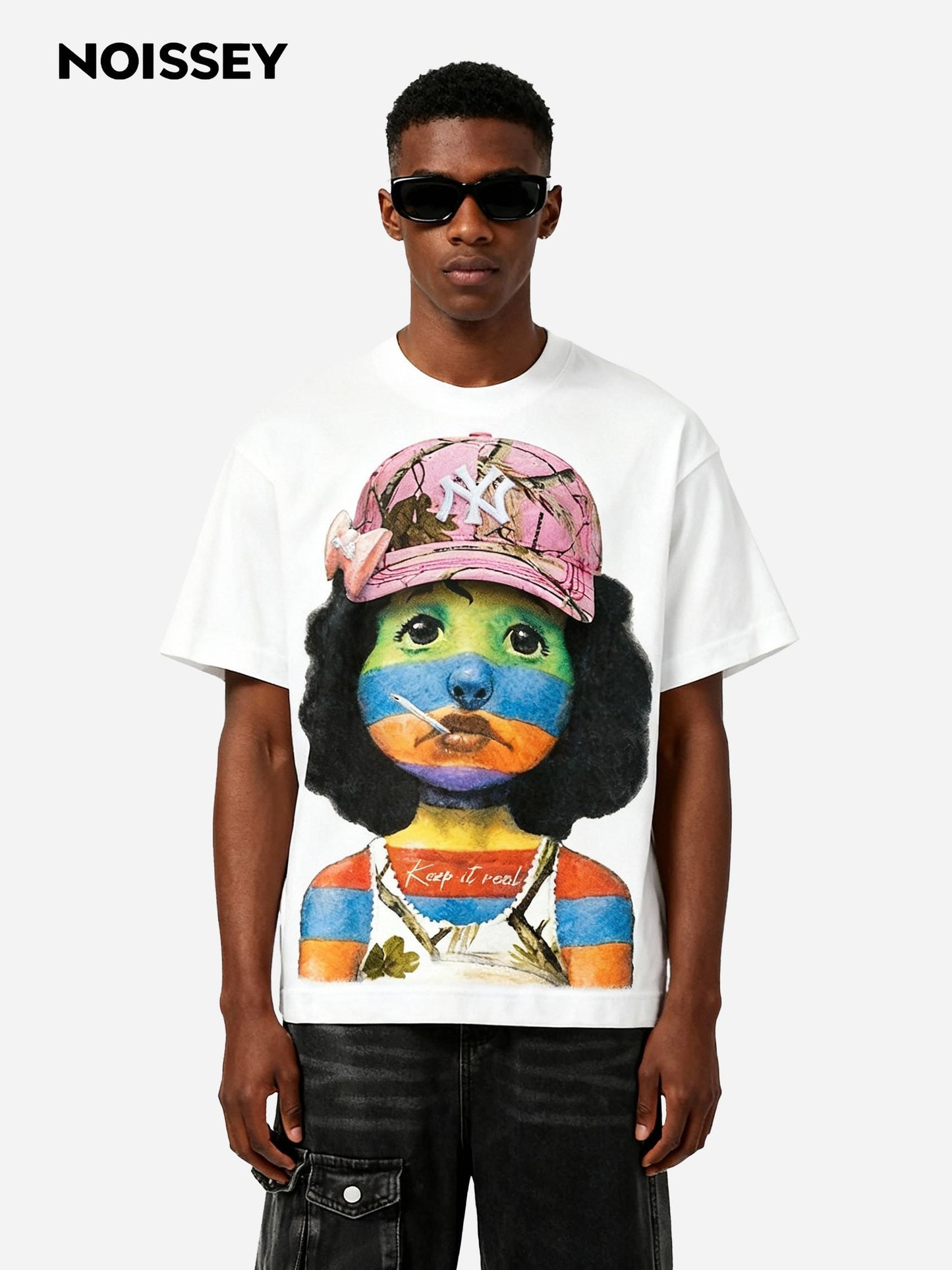 Art print T-shirt of a striped girl wearing a hat