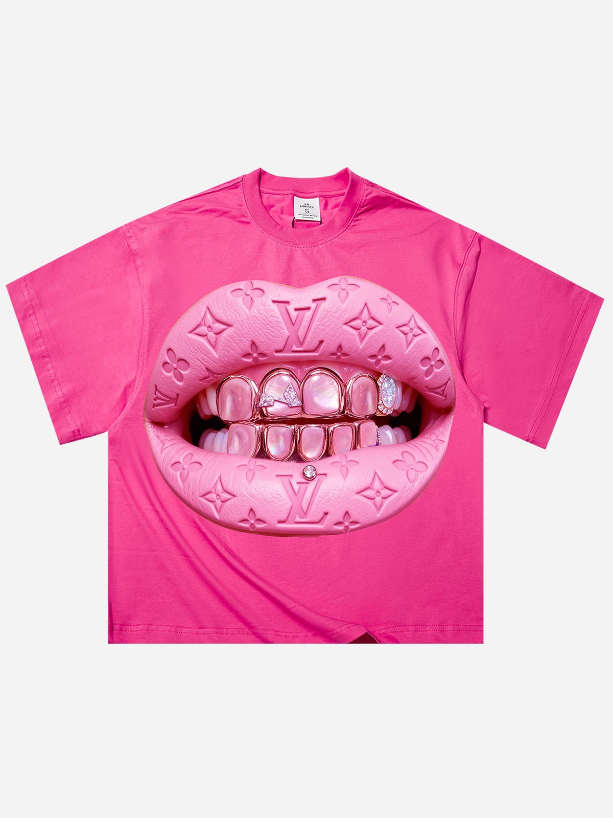 Leather Cat's Eye Grillz Print Pink Boxy Oversized T-shirt