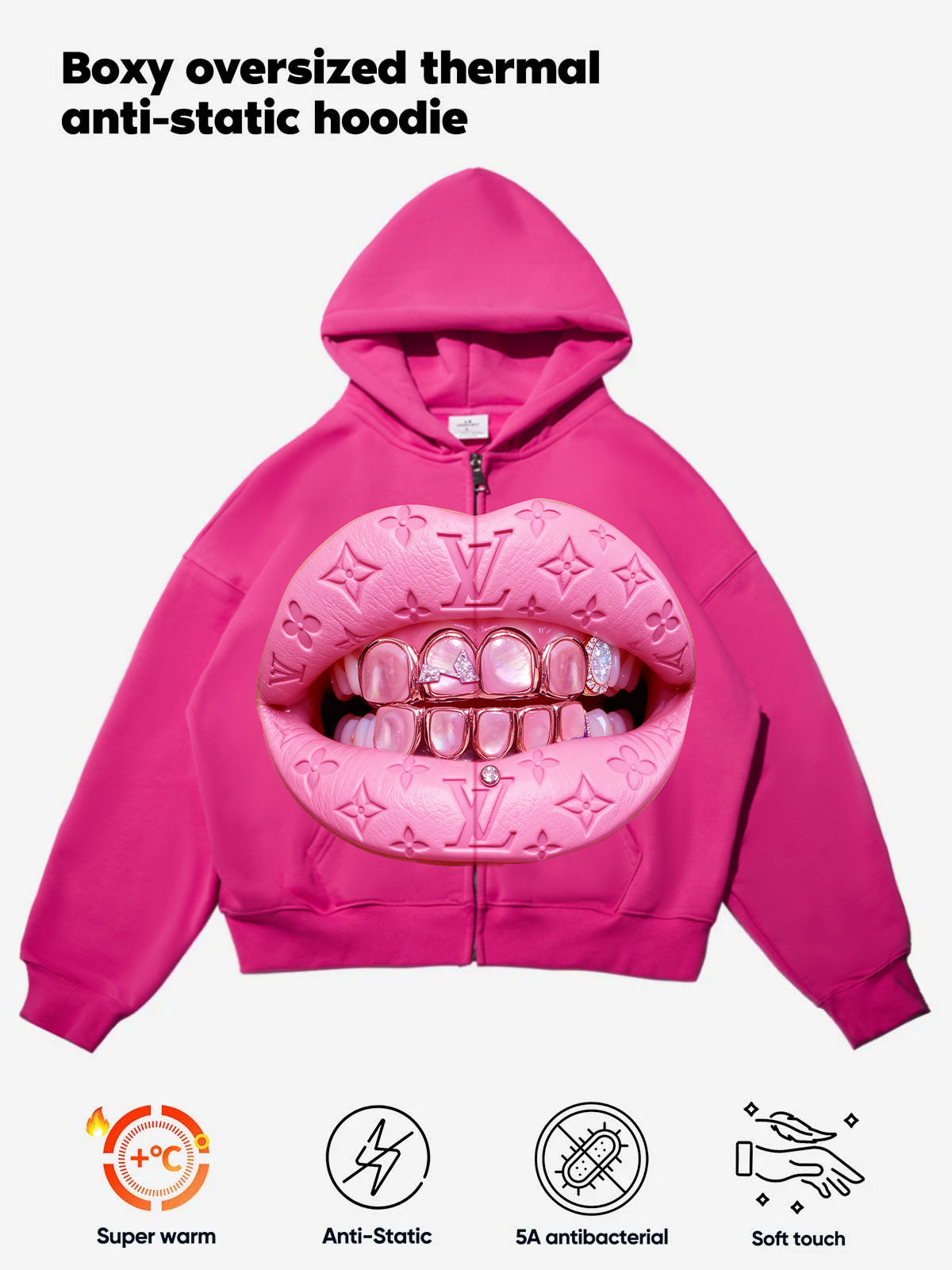 Leather Cat's Eye Grillz Print Pink Warm Hoodie