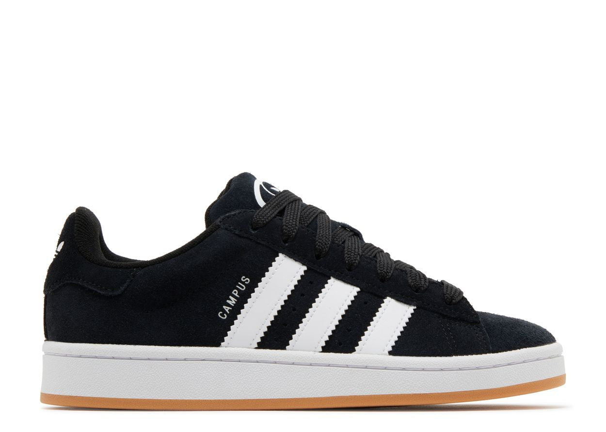 The Adidas Campus 00s Black White Gum GS sneaker (HQ6638) features white stripes, CAMPUS text, a white midsole, gum outsole, and black laces in a side-profile view on a white background.